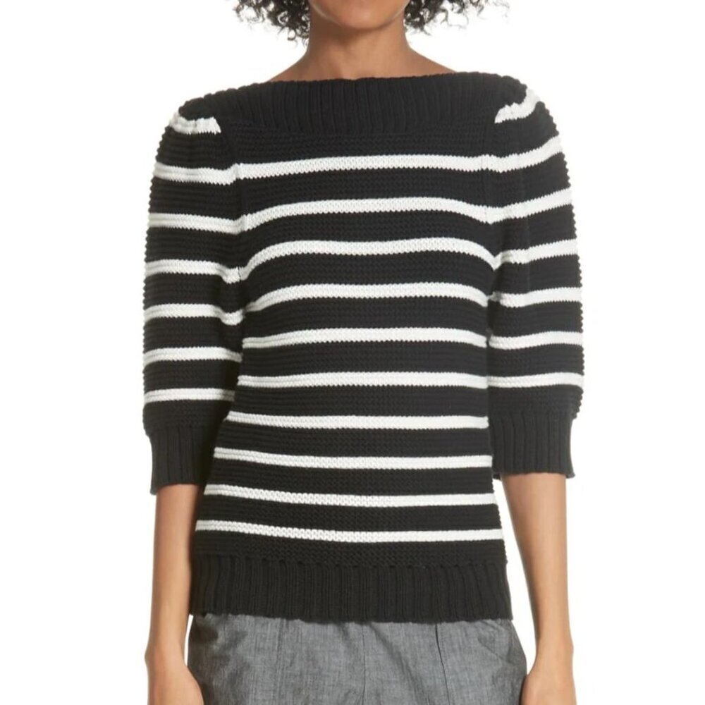 Rebecca Taylor Sweater Womens Small Black Stripe Elbow Sleeve Cotton Wool